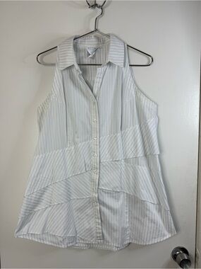 Finley Jenna button down, blue & white striped ruffle front long sleeve shirt XL
